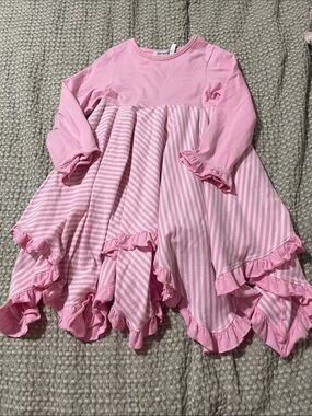 Pink Ruffle Hem Striped Long Sleeve Dress